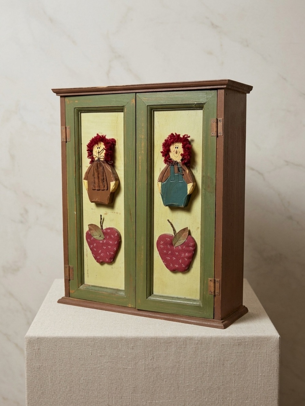 Rustic Country Decorative Wall Cabinet with Wooden and Fabric Applique Details